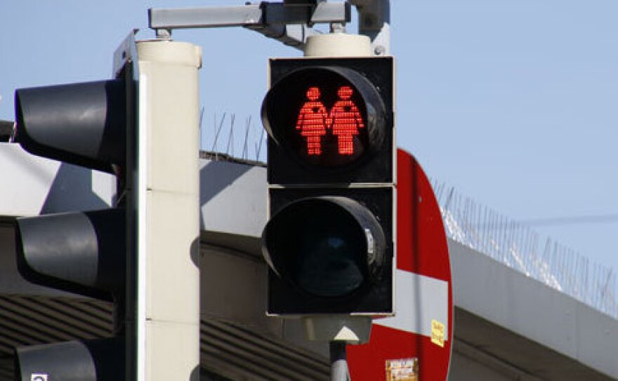 Two women are shown in a crosswalk signal in Vienna.