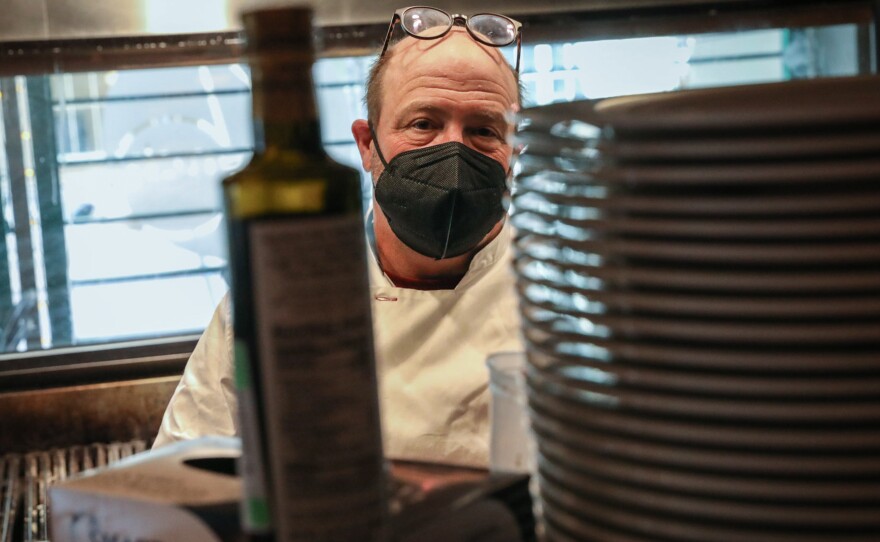 Frank Bonanno, owner of the Bonanno Concepts restaurant group, in the kitchen at the company's French 75 property in Denver on Jan. 24, 2022. Bonanno hired a full-time mental health clinician last summer to help with stress among staffers.