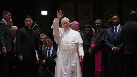 Pope Leo XIV leaves at the end of a meeting for peace at Saint Joseph's Cathedral in Bamenda, Cameroon, with the local community, April 16, 2026, on the fourth day of his 11-day pastoral visit to Africa.