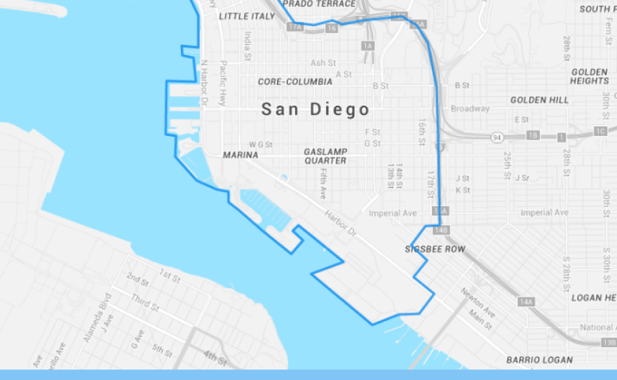 This map shows the area covered by the shuttle service "Free Ride Everywhere Downtown."