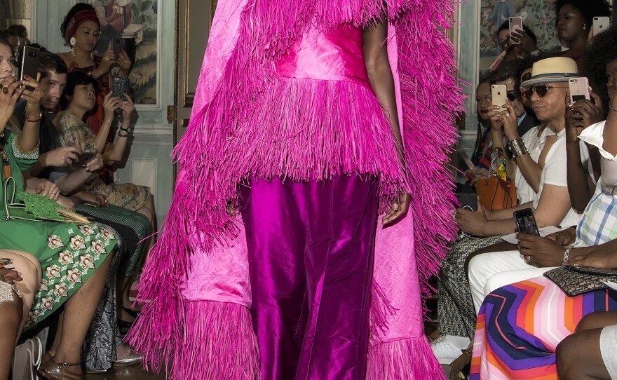 This garment from Imane Ayissi's Mbeuk Idourrou collection is pretty in pink. Ayissi, who's from Cameroon, is the first Black designer from sub-Saharan African to be included in the annual calendar of haute couture fashion shows in Paris.