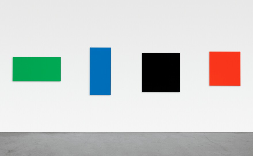 In this 2007 Ellsworth Kelly piece, four separate oil-painted canvases combine to form a single work, <em>Green Blue Black Red.</em>