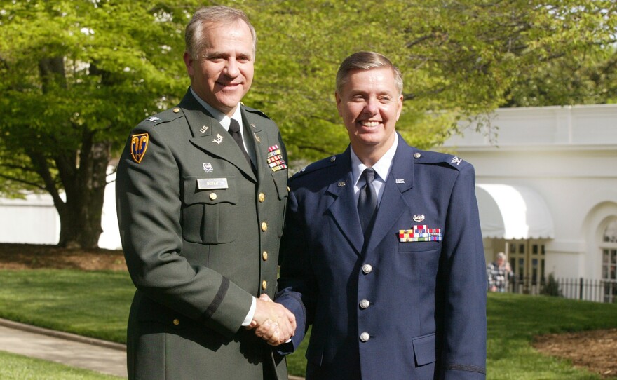 Rep. Steve Buyer, R-Ind. (left), and Graham outside the White House after they were both promoted to the rank of colonel by President George W. Bush in 2004.