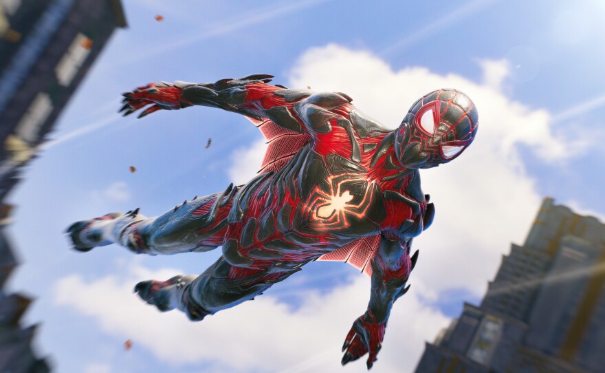Miles soars with one of the many customizable suits you can unlock.