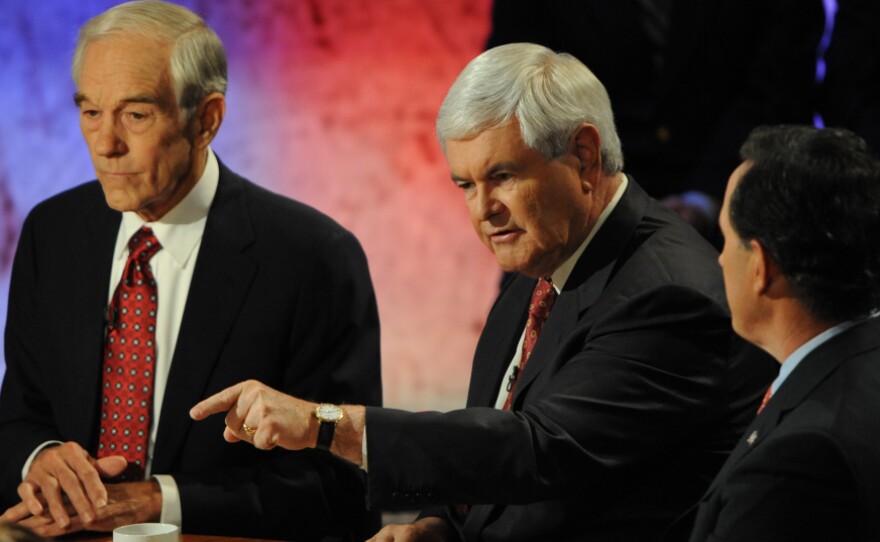 <p>Former House Speaker Newt Gingrich makes a point during the presidential debate sponsored at Dartmouth College in Hanover, New Hampshire, Tuesday night.</p>
