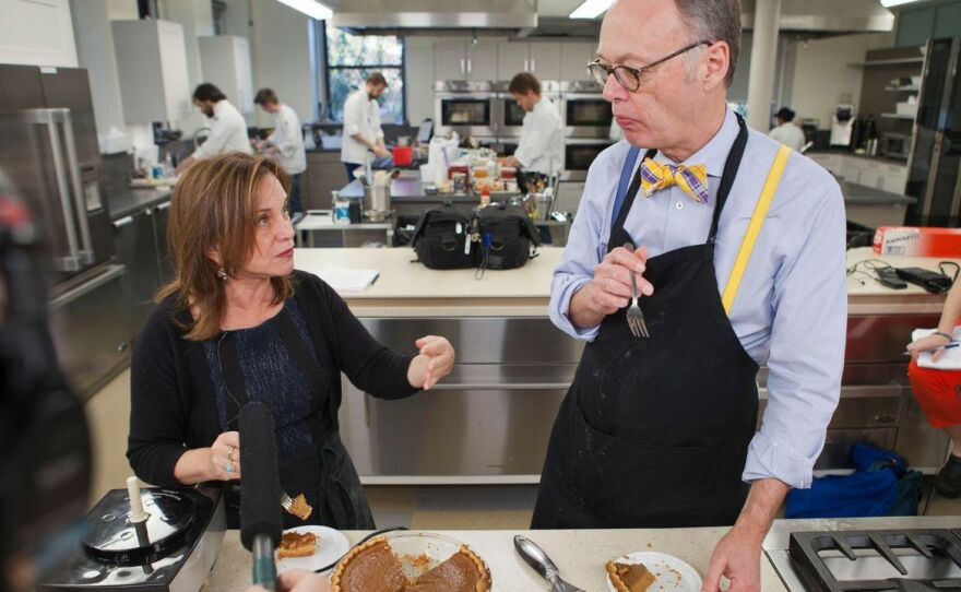 Chef Chris Kimball and NPR's Renee Montagne taste a Thanksgiving pumpkin pie.