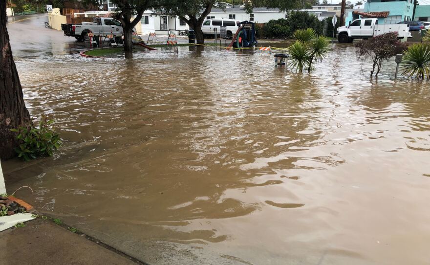 Flooding is seen in the alley of Europa Street in Encinitas, Calif. Feb. 1, 2024.