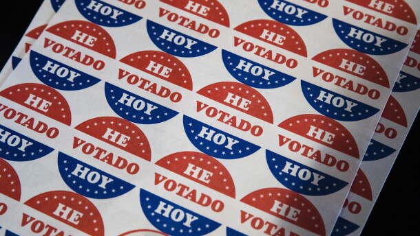 Democrats are trying to rebuild trust among Latino voters, and turning to content creators for help. Above, Spanish language voting stickers which read "He Votado Hoy" ("I Voted Today") at a Philadelphia polling place in 2019.