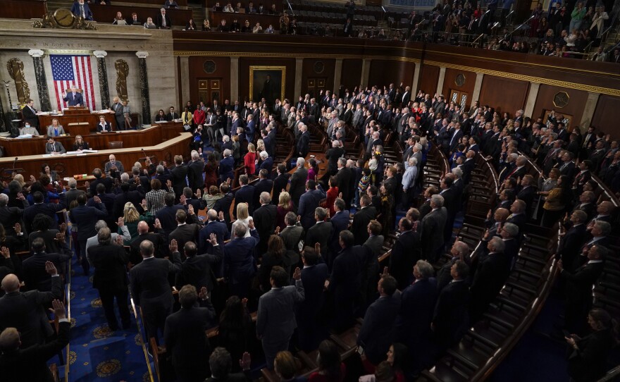 House Speaker Kevin McCarthy of Calif., swears in members of the 118th Congress on the House floor.