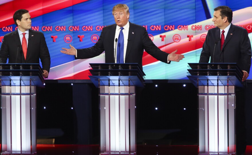 Marco Rubio (from left), Donald Trump and Ted Cruz on stage at Thursday's Republican debate in Houston.