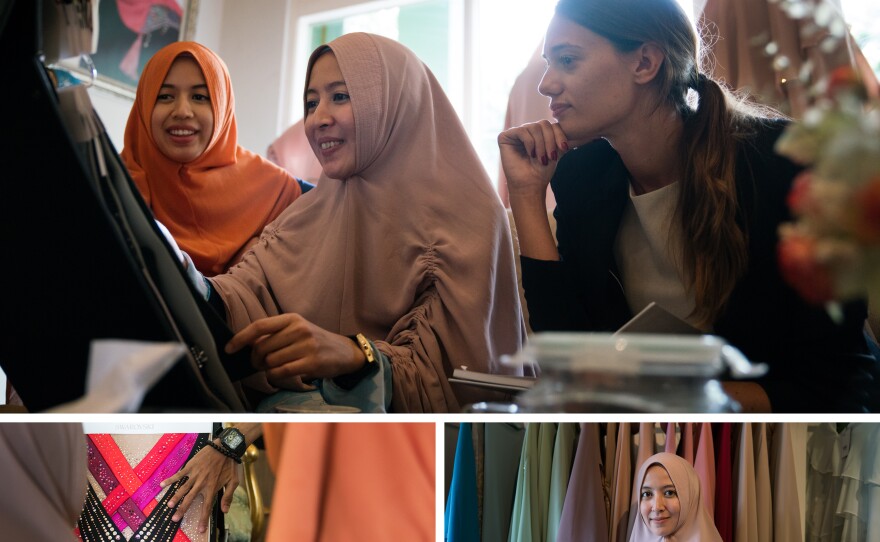 Top: Boutique owners and sisters Sansa (left) and Senaz (center) examine swatches of material and designs shown by Benedicta Citro (right), an Italian designer and Swarovski representative. Left: Senaz examines a colorful design brought by Citro. Right: Senaz says she and her siblings follow in their mother's footsteps as fashion designers.
