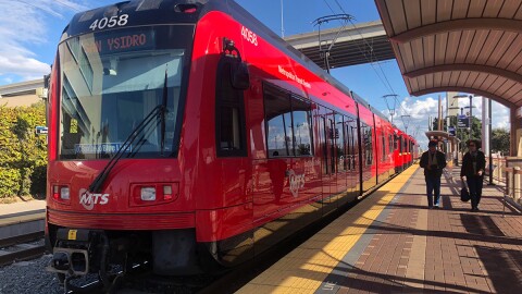 A Blue Line MTS Trolley train in Barrio Logan, San Diego, Feb. 21, 2018. 
