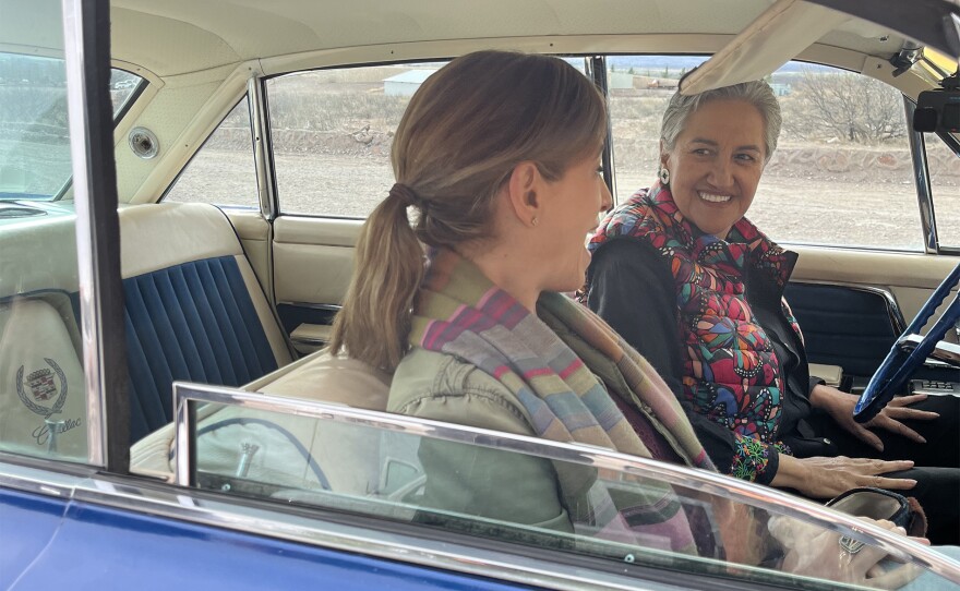 In Casas Grandes, Pati rides in style with local art curator Mayte Lujan in her 1960s Cadillac.