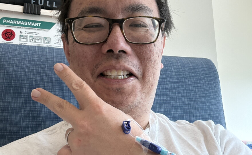 Dr. Bryant Lin receives a chemo infusion in the early days of his treatment in June 2024.
