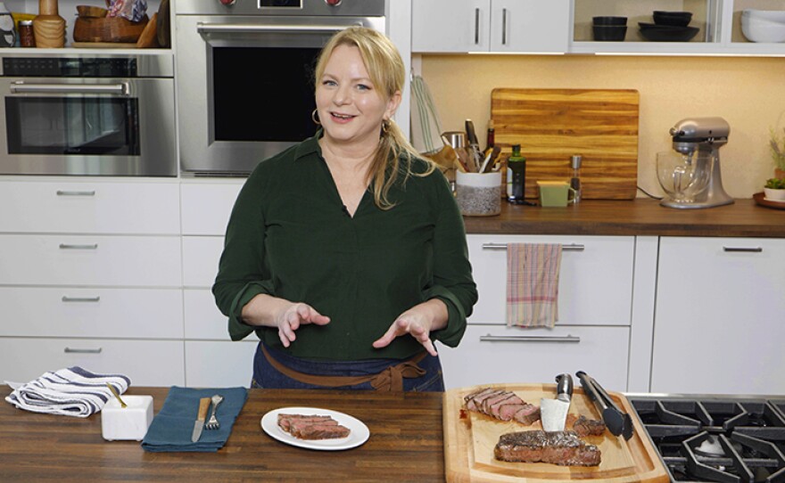 Host Bridget Lancaster discussing her homemade steak dish on ""Simple and Elegant Dinner."