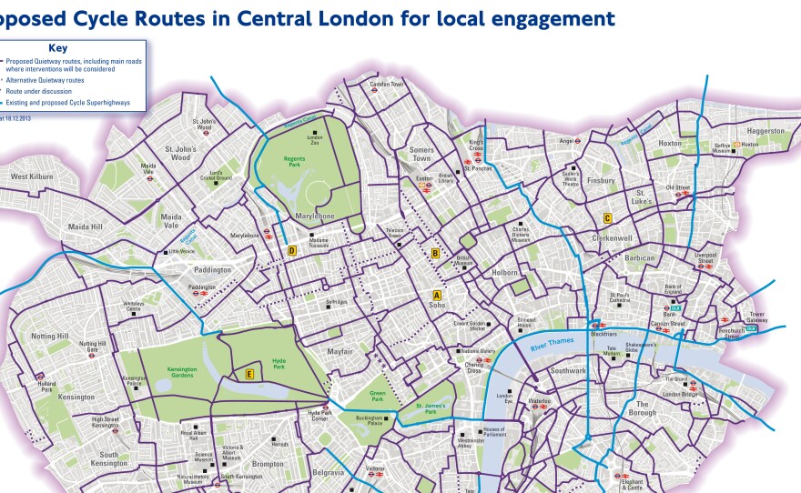 A map of  bike routes that exist or are planned in London as the city modernizes its roads.