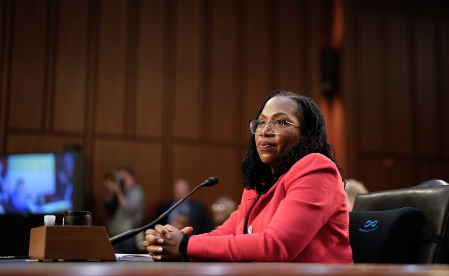 Supreme Court nominee Judge Ketanji Brown Jackson listens to a member of the Senate Judiciary Committee during her confirmation hearing on Capitol Hill on Tuesday.