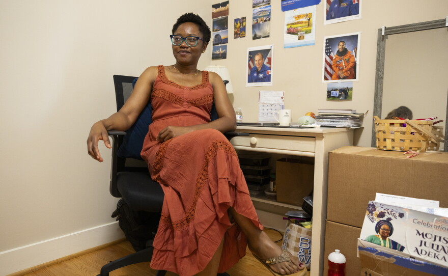Funmilayo Erinfolami, a space physicist who is earning her Ph.D., is pictured in her room at Anne Montgomery House in Washington, D.C., on July 31, 2026.