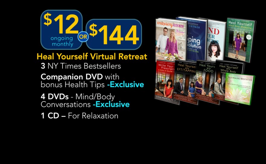 Give at the $144 level during our TV membership campaign and receive the Heal Yourself Virtual Retreat Package including 5 DVDs, 3 NY Times bestselling hardcover books and a meditation CD. This gift also includes enrollment in the myKPBS Savers Club plus additional online access to more than 130,000 merchant offers and printable coupons, as well as a KPBS License Plate Frame (if you're a new member). The "Heal Yourself: Mind Over Medicine" DVD only is available at $60.