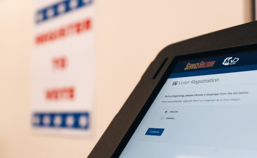 The iPad screen of the voter registration kiosk in the waiting room of Native Health Phoenix.