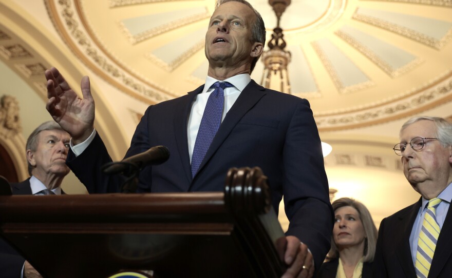 Sen. John Thune, R-S.D., speaks at a news conference following the weekly Senate Republican policy luncheon at the U.S. Capitol on Tuesday. During the news conference, Senate Minority Leader Mitch McConnell, R-K.Y., spoke on the negotiations for further COVID-19 relief legislation and border crossings at the southern border.
