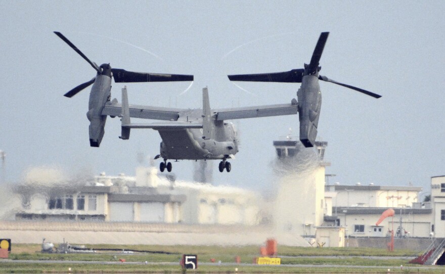 A U.S. military CV-22 Osprey takes off from Iwakuni base, Yamaguchi prefecture, western Japan, on July 4, 2018.