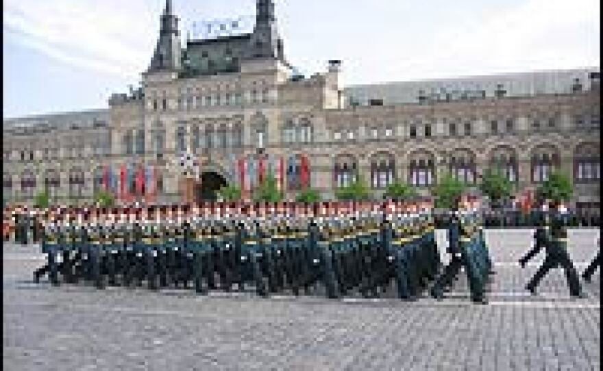 Soldiers march on Red Square during the annual Victory Day parade on Friday. New Russian President Dmitri Medvedev said in a speech that Victory Day, which marks the Soviet Union's defeat of Nazi Germany, is Russia's most sacred holiday.