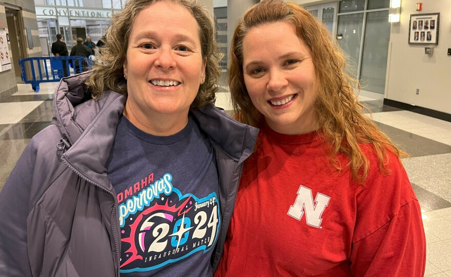 Amy Schofield (L) traveled from Lincoln, Nebraska to attend the inaugural match with her niece, Amy Pichler (R). Picher changed from her University of Nebraska shirt into a Supernovas' shirt after purchasing one inside the arena.