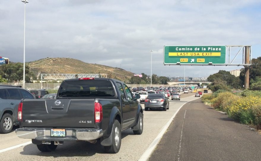 A truck waiting in southbound traffic to cross the U.S.-Mexico border into Tijuana, May 10, 2017.