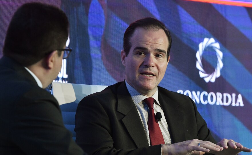 Mauricio Claver-Carone, nominated to head the Inter-American Development Bank, speaks with Ricardo Ospina of Caracol TV at the 2019 Concordia Americas Summit in Bogotá, Colombia.