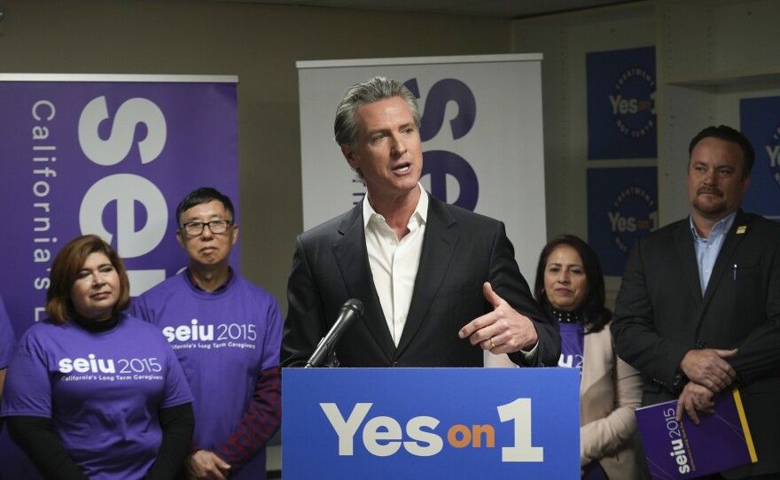 California Gov. Gavin Newsom speaks at a Proposition 1 campaign event at the Service Employees International Union office in San Francisco, Monday, March 4, 2024.