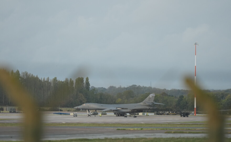 United States Airforce B1 bombers are seen at RAF Fairford, a US Airbase, after an incident in Fairford, England, Sunday, Sept. 27, 2026.