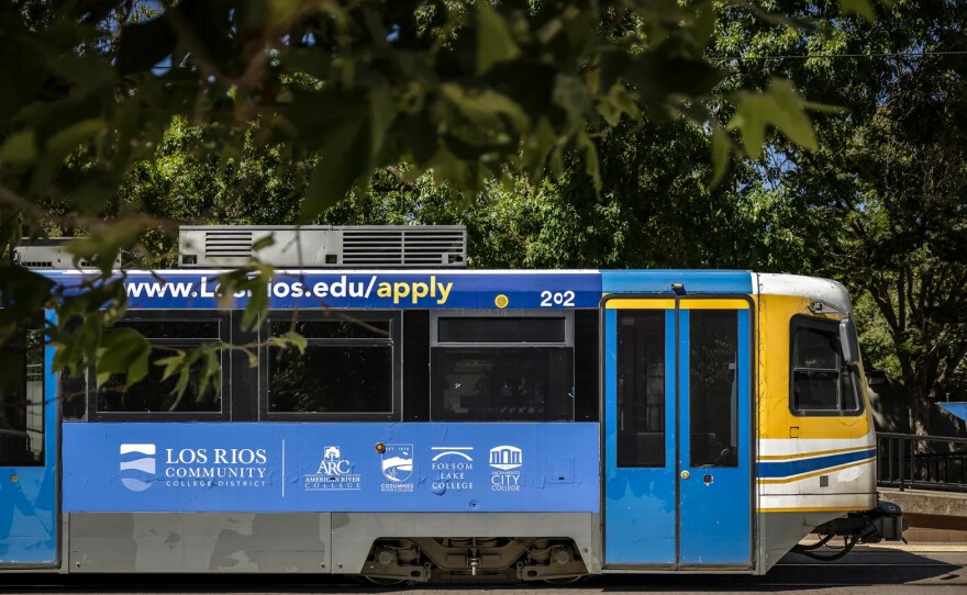 Marketing for the Los Rios Community College District on a Sacramento Regional Transit light rail bus, at the 8th Street and O Street light rail station in Sacramento.