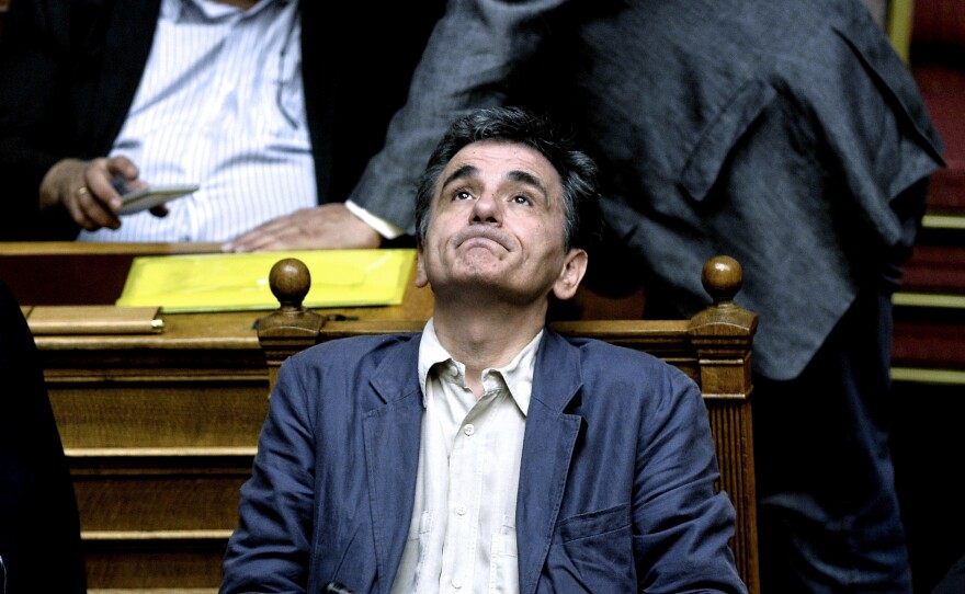 Greek Finance Minister Euclid Tsakalotos attends a session of Parliament in Athens, on Wednesday.