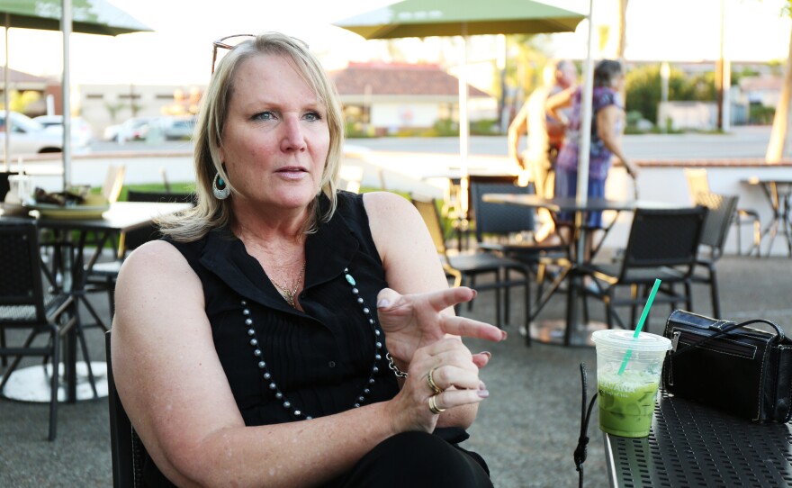 Nancy Layne, a Lilac Hills Ranch supporter, outside of a restaurant in Escondido. Layne recently filed a complaint against CLEAR with the state's elections watchdog. Oct. 21, 2016.