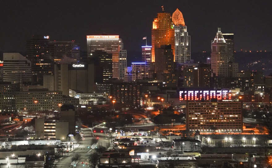 The Cincinnati skyline is lit up in orange the night the Bengals beat the Kansas City Chiefs to land a spot in this year's Super Bowl.