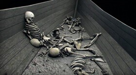 CGI 1 reconstruction graphics depicting skeletons of dead Vikings in a longship.