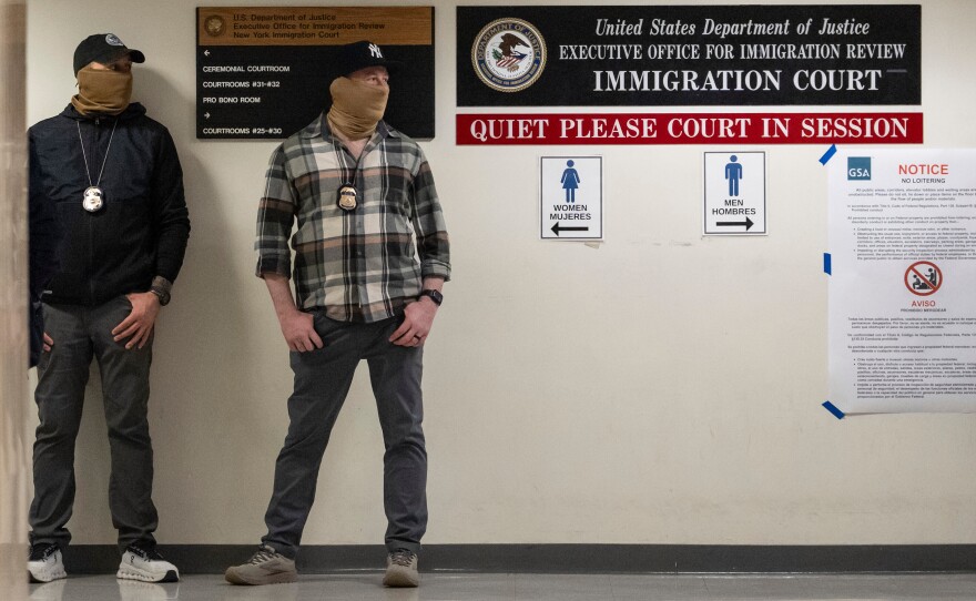 Cases in immigration courts nationwide can be appealed to the Board of Immigration Appeals. Here, federal agents stand outside an immigration court in New York on March 6, 2026.