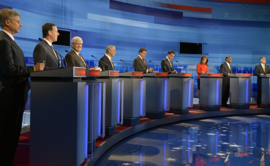 Republican presidential candidates at Fox News/Google debate in Orlando, Fla., Sept. 22, 2011.