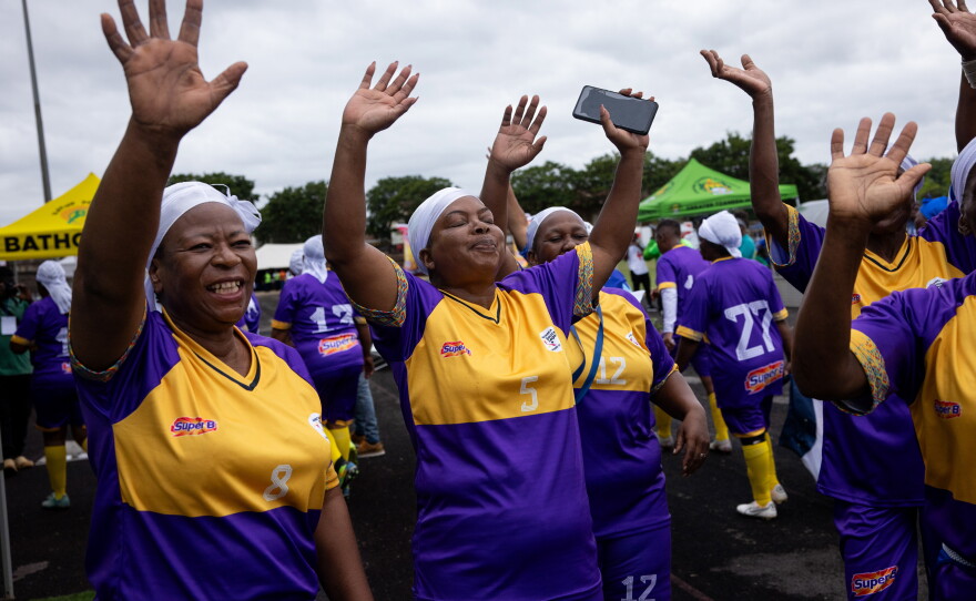 The Mbombela Gogos celebrate after beating the Zambia Grannies.