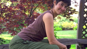 Award-winning author and back pain expert Esther Gokhale, L.Ac., demonstrating how to sit properly in "Back Pain: The Primal Posture Solution."

