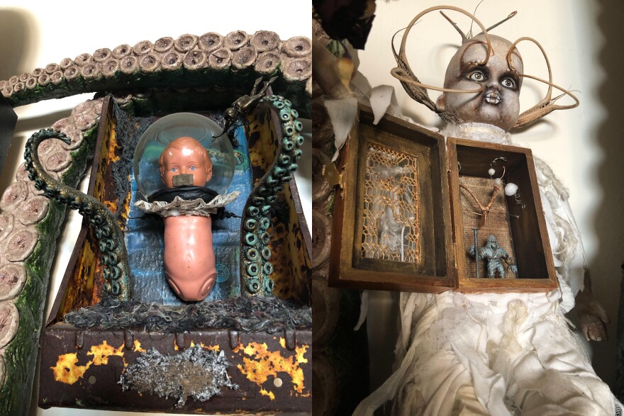 After covering mixed-media artist Andrea Overturf, Beth Accomando got two of her pieces: Babypus, created with a Tonka truck as the base, and Clockwork Orange Baby, made from used doll parts.