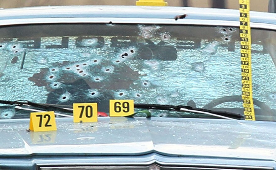 The 1979 Chevrolet Malibu that was caught in a hail of gunfire after a 23-minute chase in 2012. Two unarmed suspects were killed.