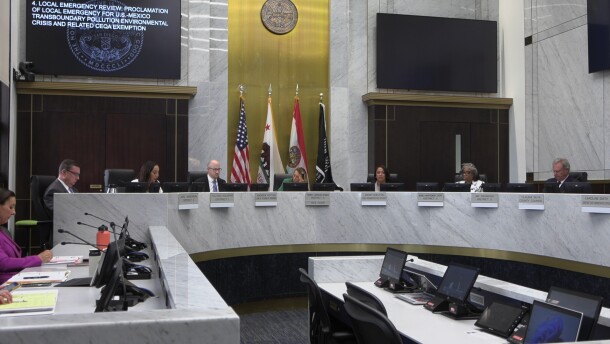 Members of the San Diego County Board of Supervisors sit in their seats during a meeting at the County Administration Center on July 22, 2025.