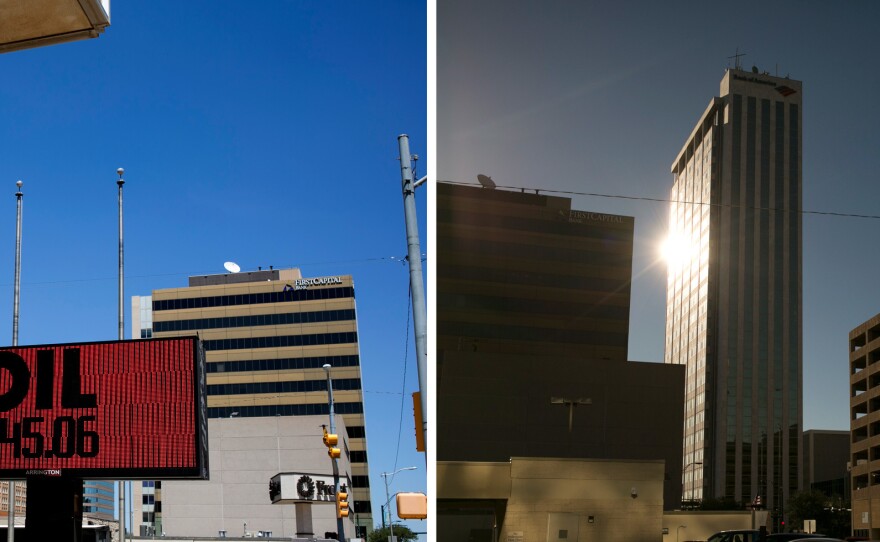 (Left) An electronic sign in downtown Midland displays several messages, including the the price of oil that day. (Right) The sun catches on the side of a building downtown.