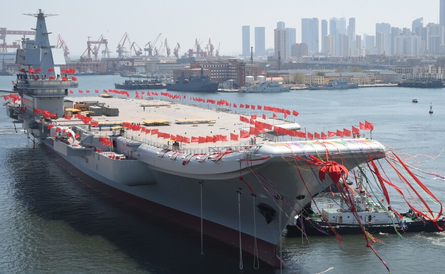 China's first domestically developed aircraft carrier is launched in Dalian, Liaoning Province, Wednesday.