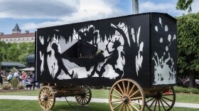 <em>The Katastwóf Karavan</em> is built from a steel frame mounted to lumber running gear with red oak and muslin wall panels, a propane ﬁred boiler, water tank, gas generator and a brass and steel 38-note steam calliope.