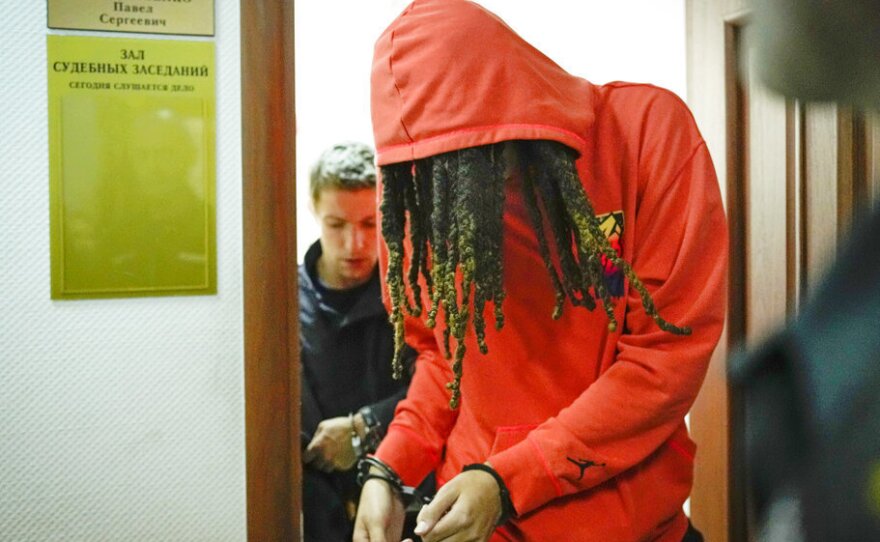 WNBA star and two-time Olympic gold medalist Brittney Griner leaves a courtroom in Khimki just outside Moscow, Russia, on May 13, 2022.