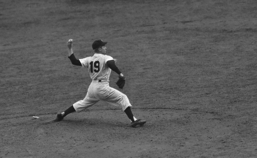 Ed "Whitey" Ford, New York Yankees, pitching in the fourth game of the World Series against the Philadelphia Phillies in Oct.1950.