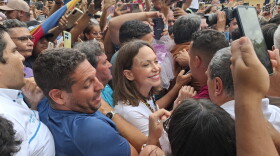 Venezuelan opposition leader María Corina Machado, center, greets supporters in Barquisimeto, Venezuela, on Sunday, Oct. 25, 2026.